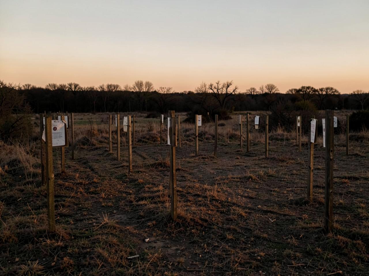 Outdoor shooting range lanes with target posts at dusk